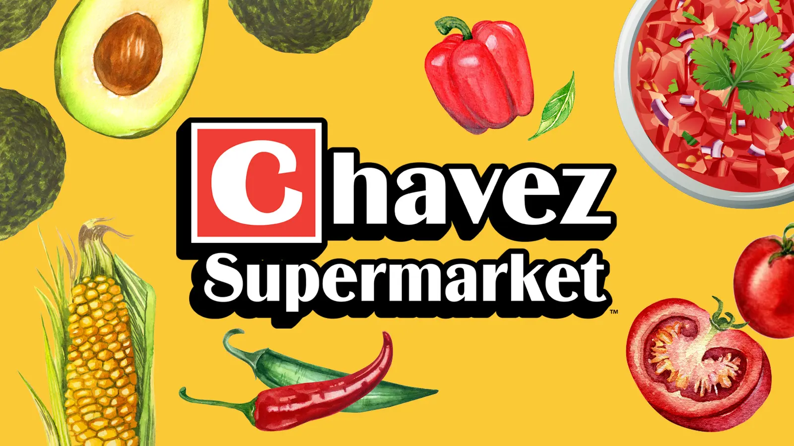 Logotipo de supermercado Chávez rodeado de ilustraciones de aguacate, maíz, un pimiento rojo, un tazón de salsa y pimientos.