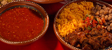 Two bowls of Mexican food: one with red salsa, the other with rice, beans and shredded meat